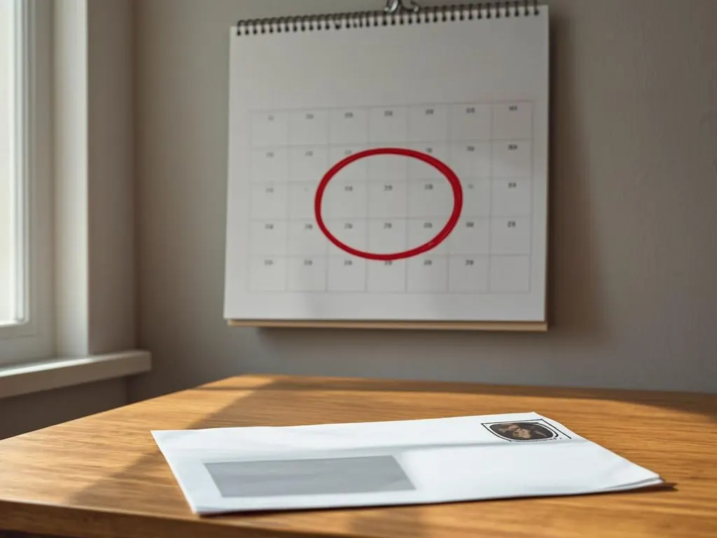 Wall calendar with the recertification date circled next to a county notice envelope