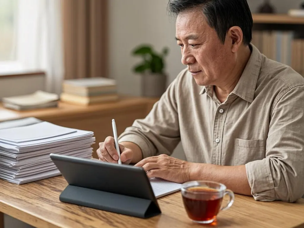 Man completing the online recertification form on a tablet