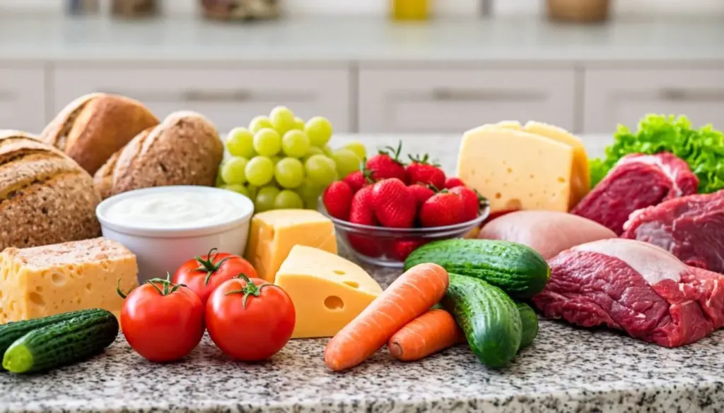 Spread of SNAP-eligible grocery items including fresh produce, dairy, bread, and frozen foods