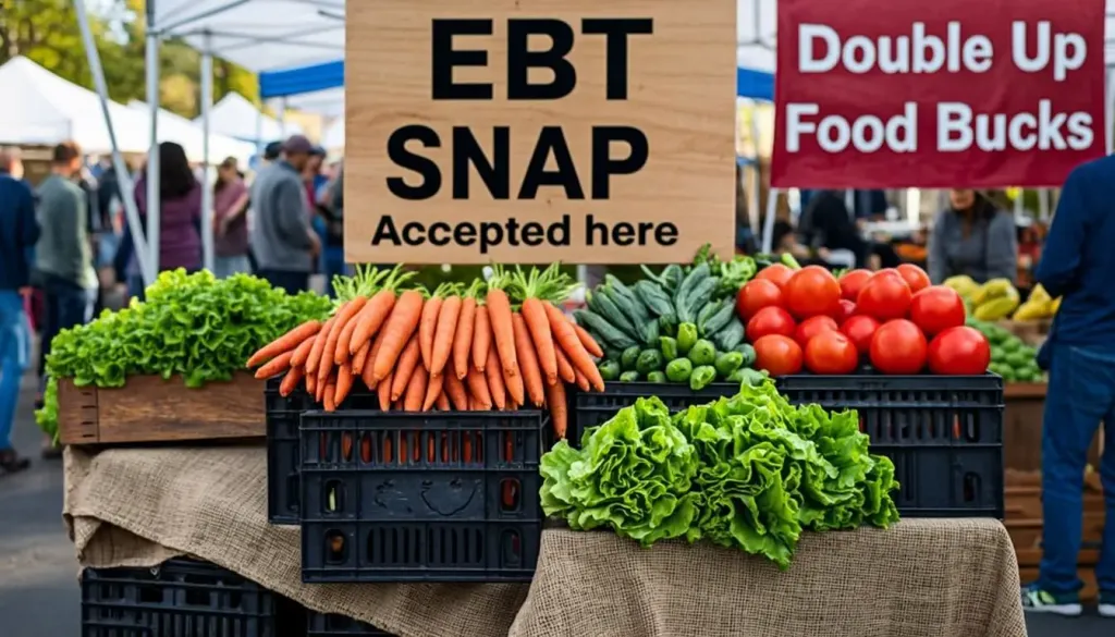 Farmers market vendor accepting EBT tokens for fresh produce purchases