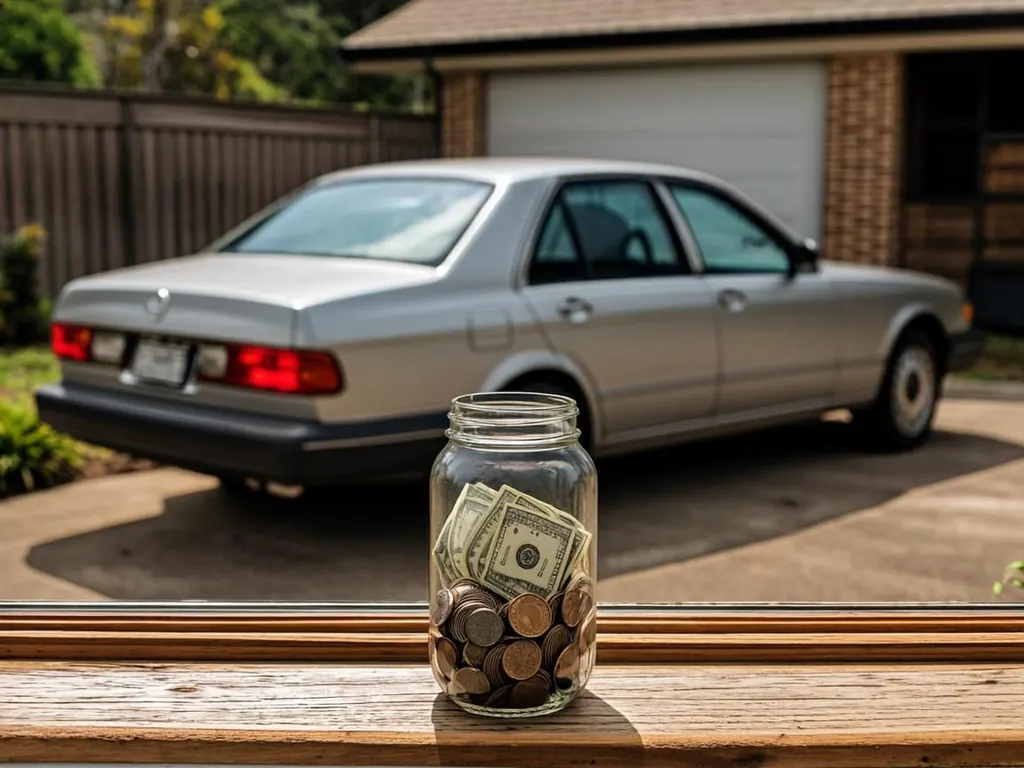 Savings jar with coins on a windowsill in front of an older car