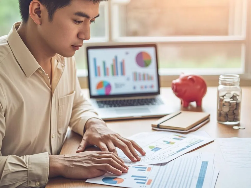 Person reviewing bank statements next to a piggy bank and coin jar