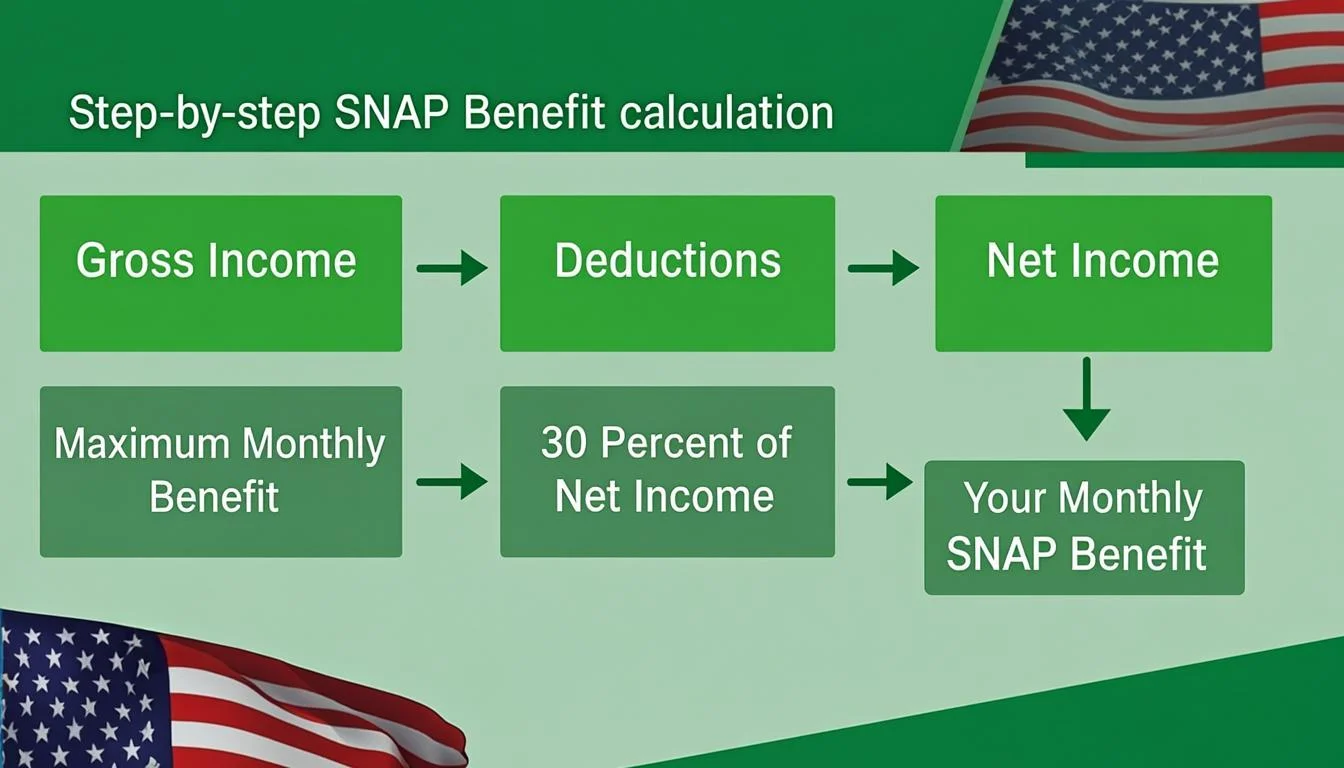 Step-by-step SNAP benefit calculation showing how deductions reduce net income