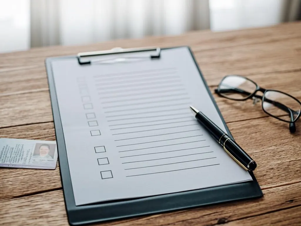 Application checklist with government ID card, pen, and clipboard