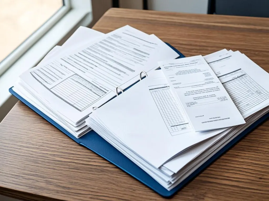 Pay stubs and bills organized in a blue folder