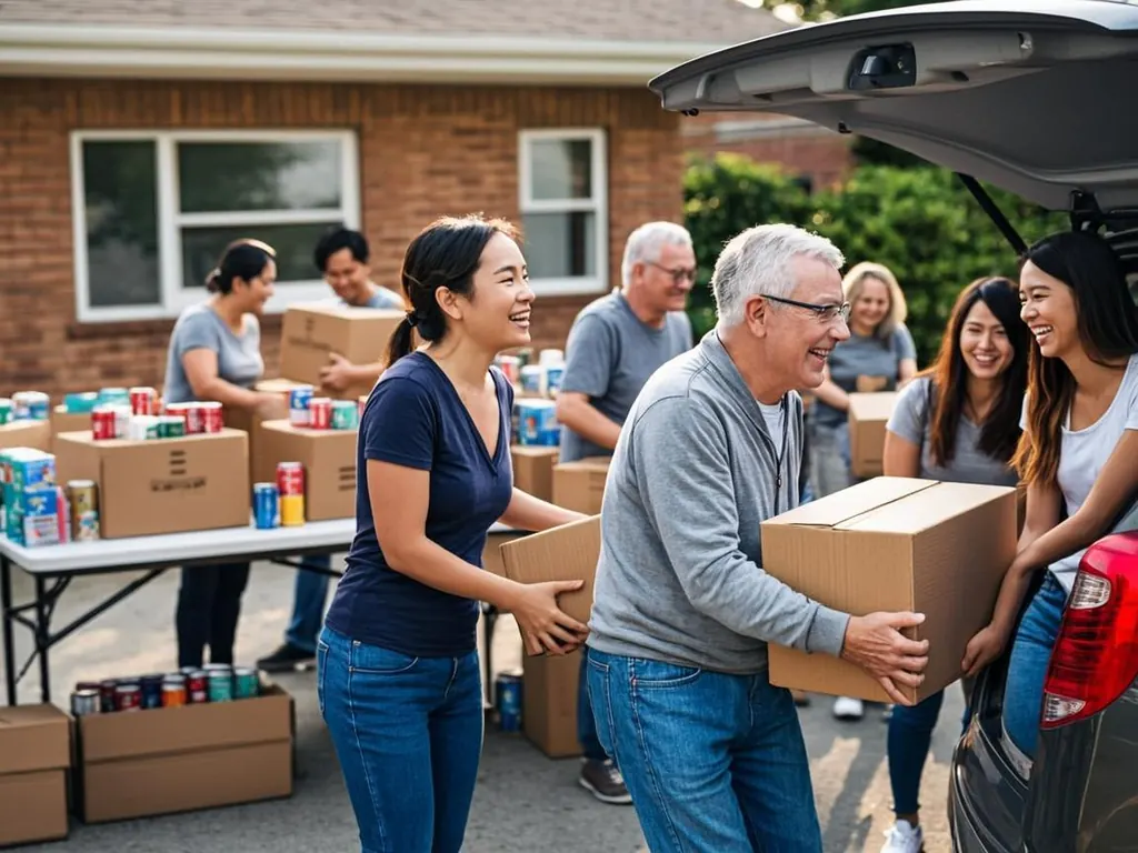 Volunteers loading food boxes at a community food bank distribution