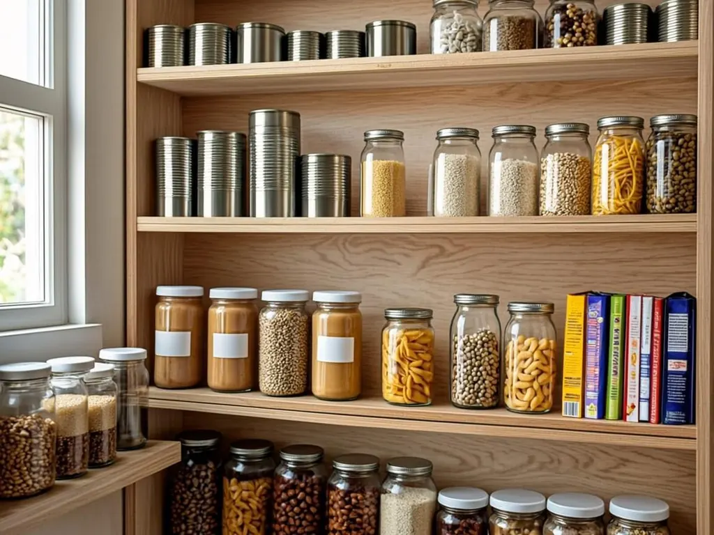 Well-stocked home pantry with canned goods and dry staples