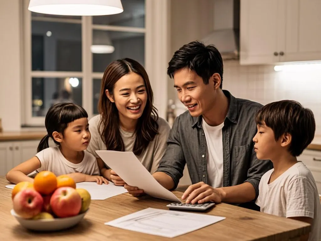 Family reviewing pay stubs and budgeting together at the kitchen table