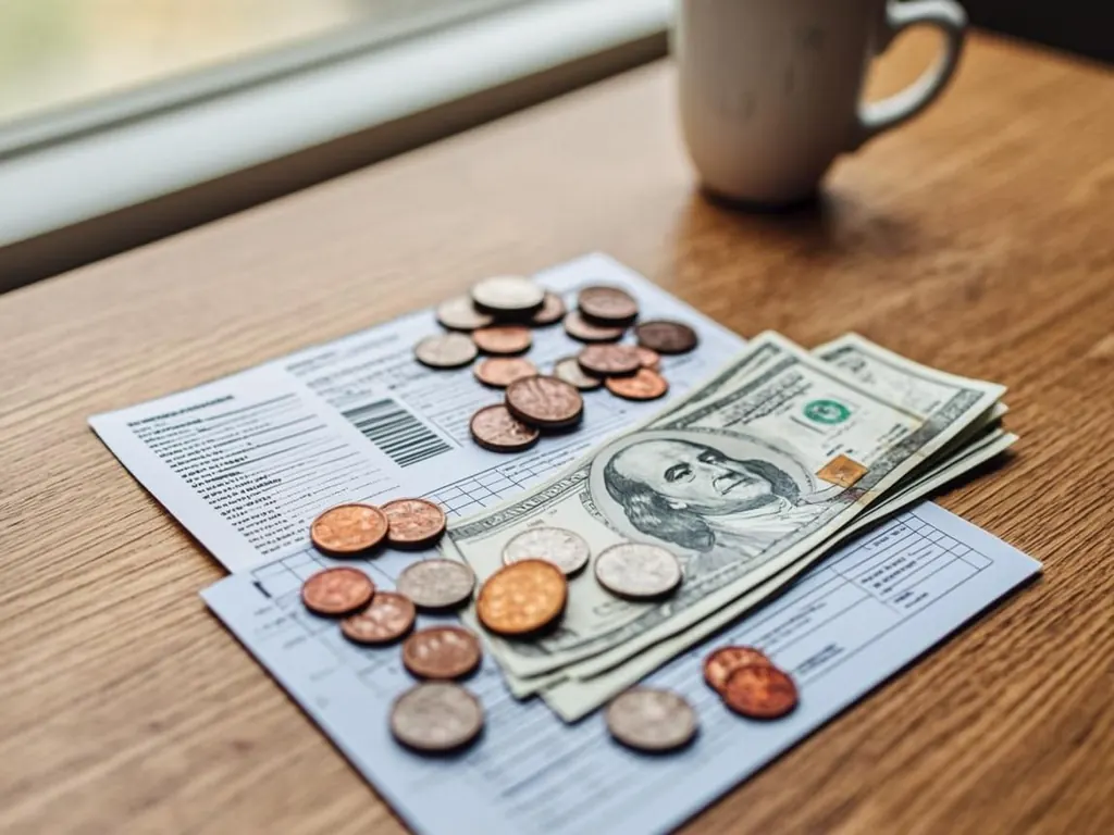 Paycheck stub next to a grocery receipt and coins