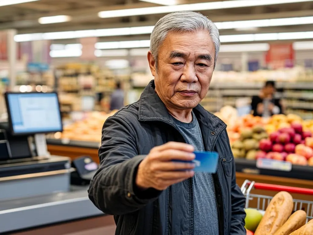 Senior man paying with an EBT card at a grocery store checkout