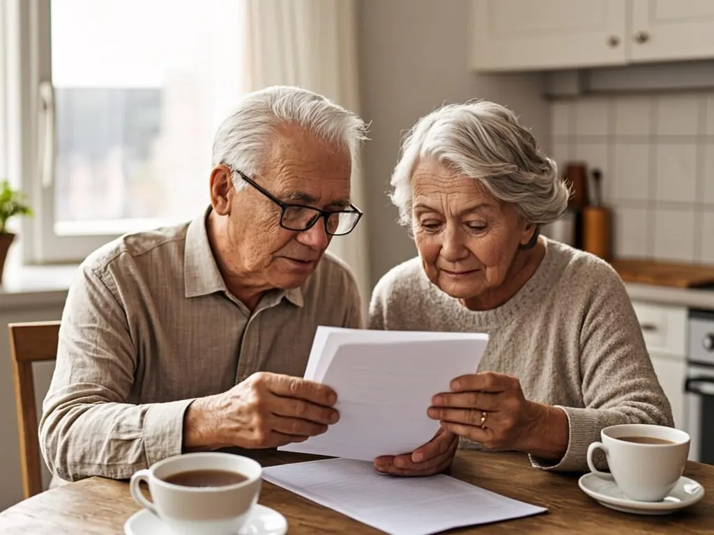 Senior couple reviewing a benefits letter at their kitchen table