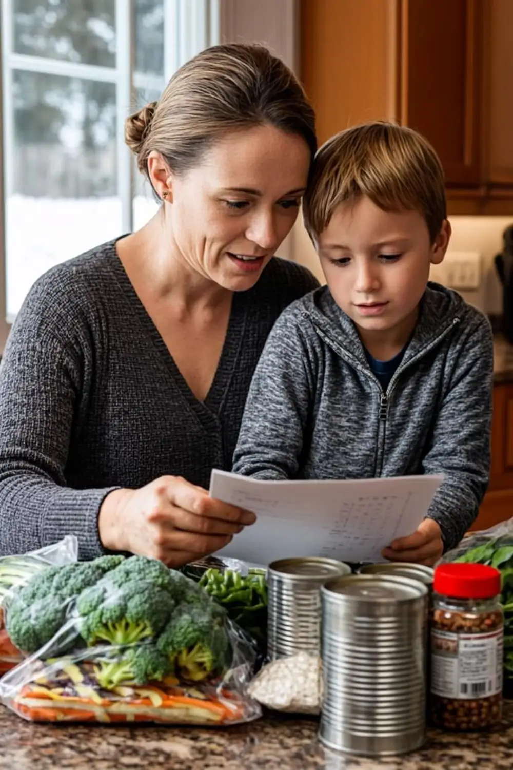 Anchorage mother and son reviewing their grocery list in an Alaska kitchen with winter light