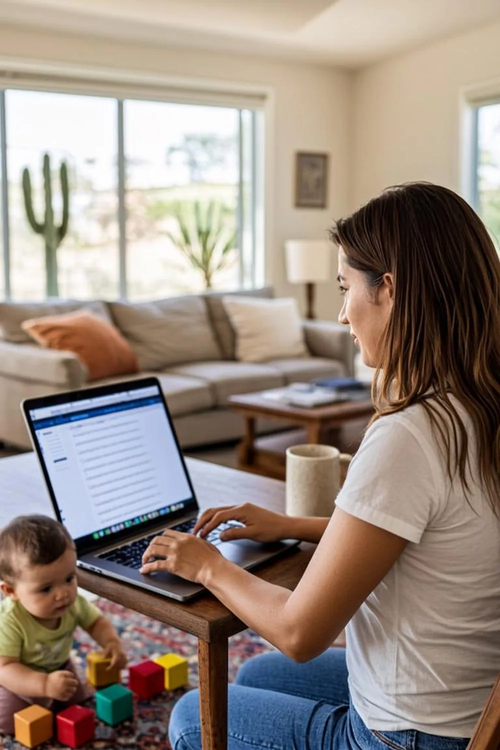 Young Hispanic American mother completing an online application on a laptop at her Arizona home while her toddler plays nearby