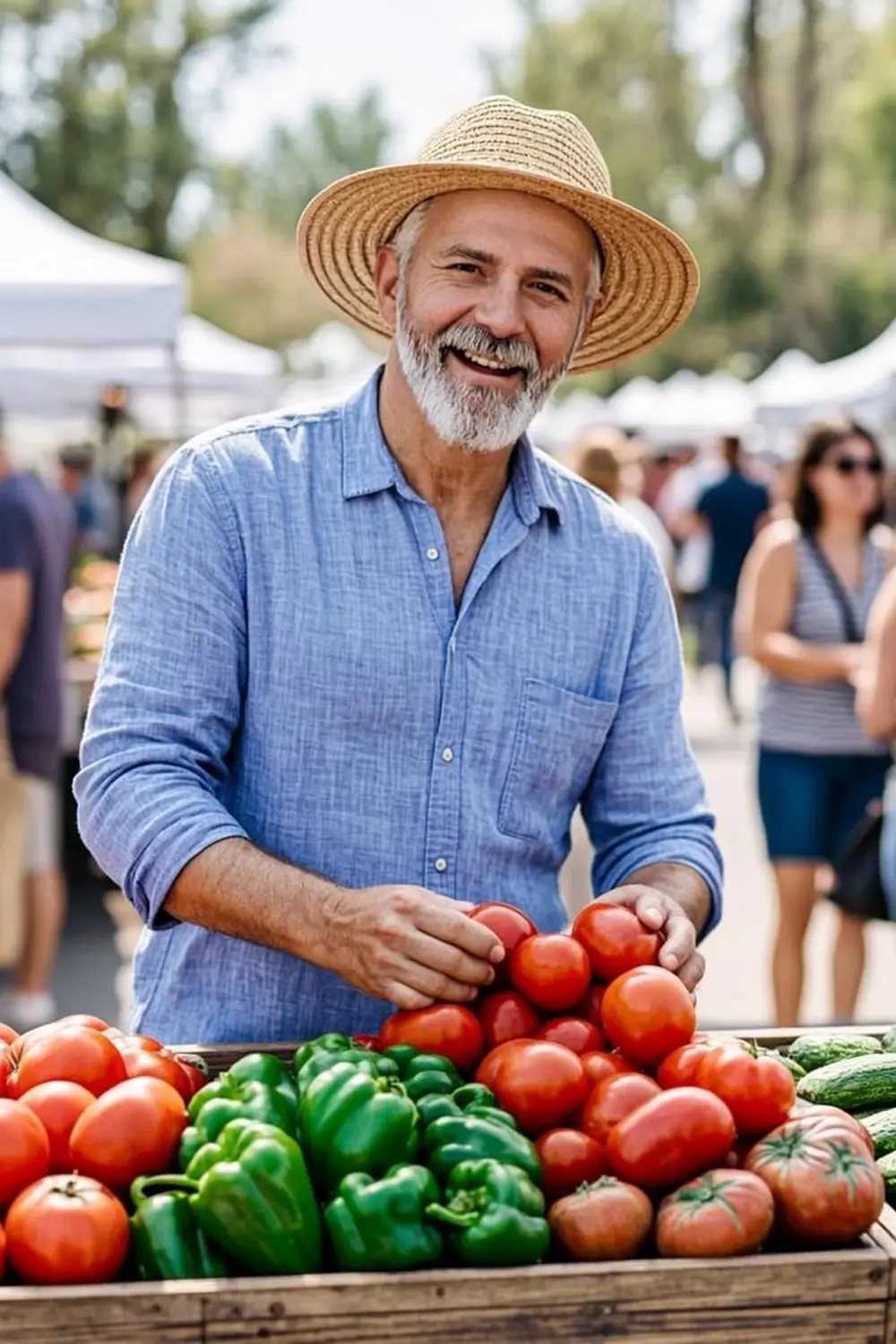 White American senior man with a straw hat buying fresh tomatoes and peppers at an Arizona farmers market stall on a sunny morning