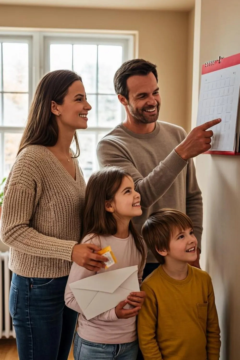 New England family reviewing their new SNAP benefit dates on a kitchen calendar