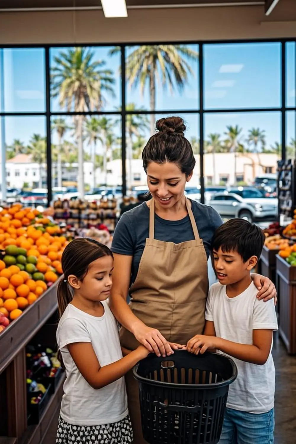 Kissimmee mother shopping the produce aisle with her two children