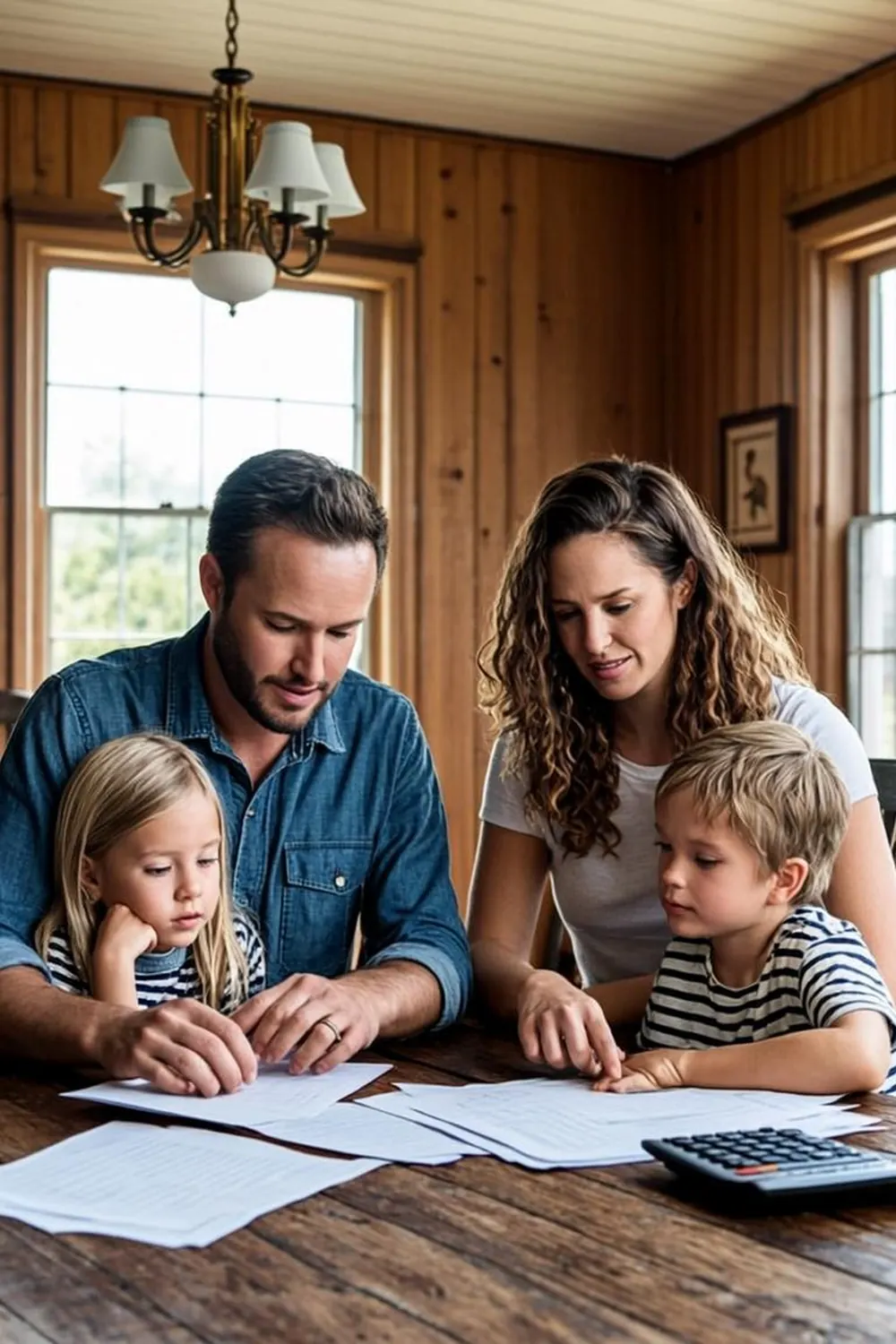Georgia family reviewing a household budget sheet with a calculator at their kitchen table