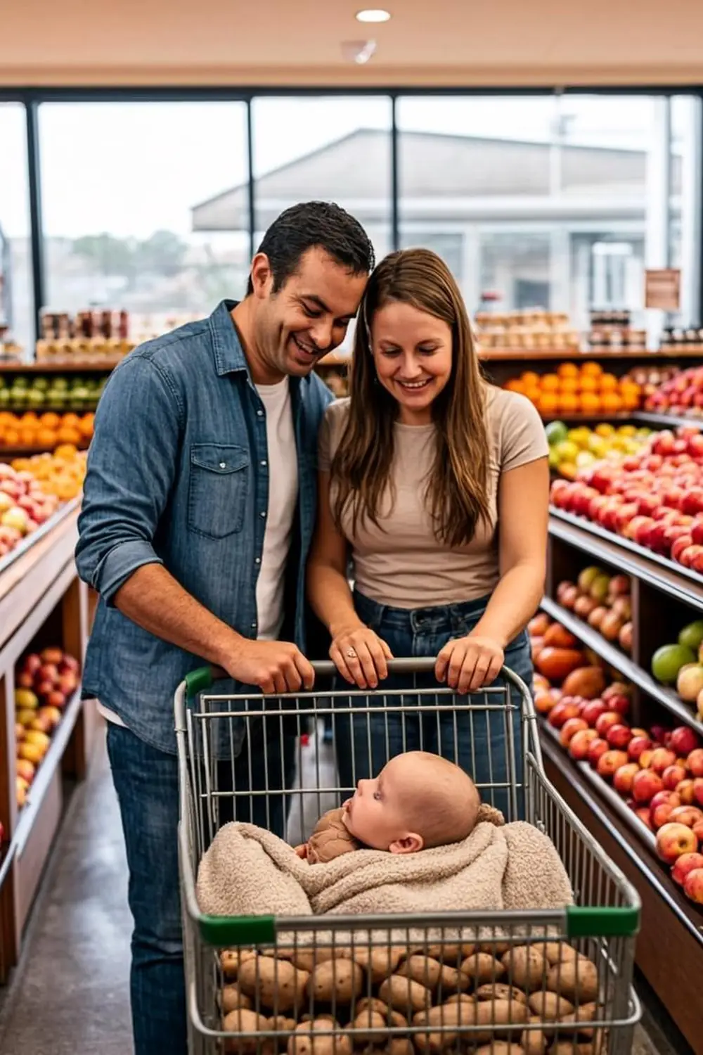 Idaho couple with their baby selecting fresh potatoes and produce at a Boise area grocery store