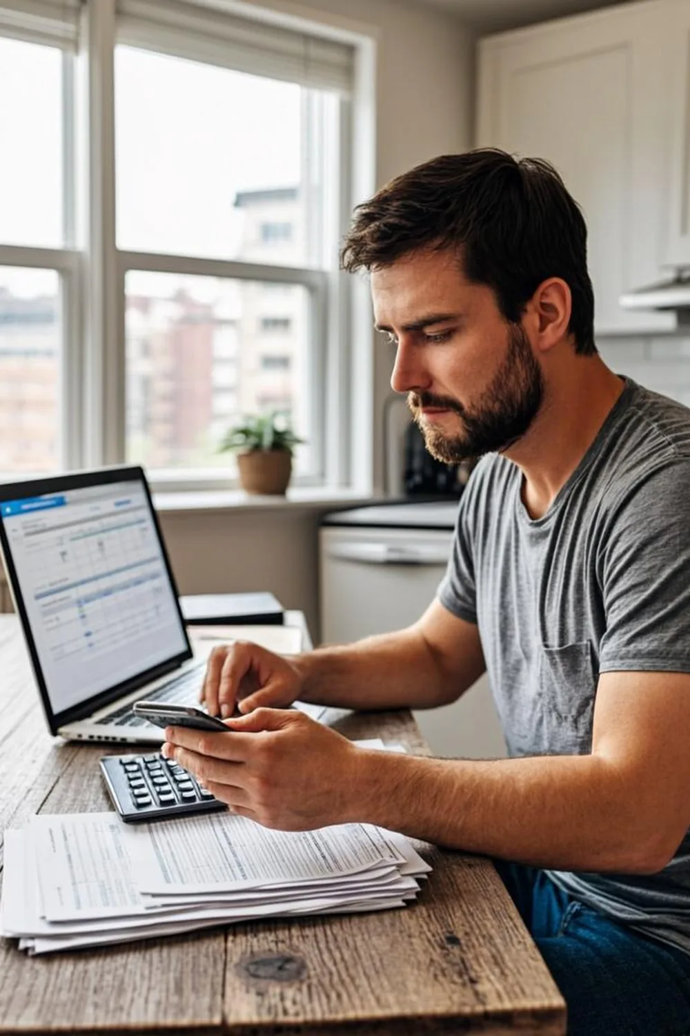 Young Illinois man reviewing his LINK card grocery budget and bills on a laptop at his Chicago kitchen table