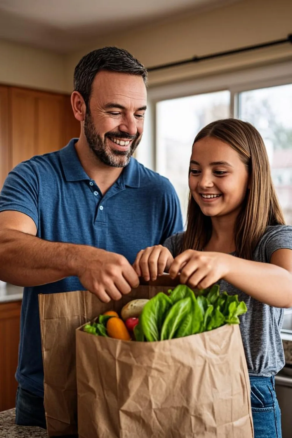 Indiana father and his teenage daughter unpacking fresh groceries together in their Indianapolis kitchen