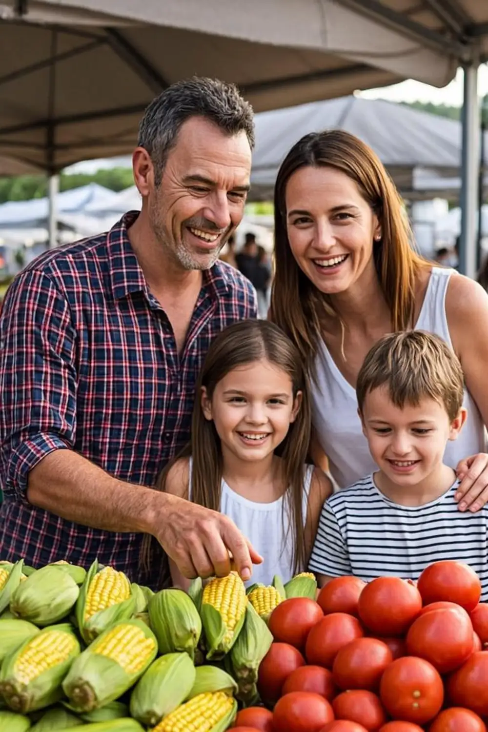 Des Moines parents and two kids selecting sweet corn and produce at an Iowa farmers market