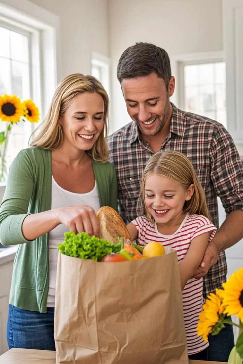 Wichita family unpacking paper grocery bags together in their Kansas kitchen