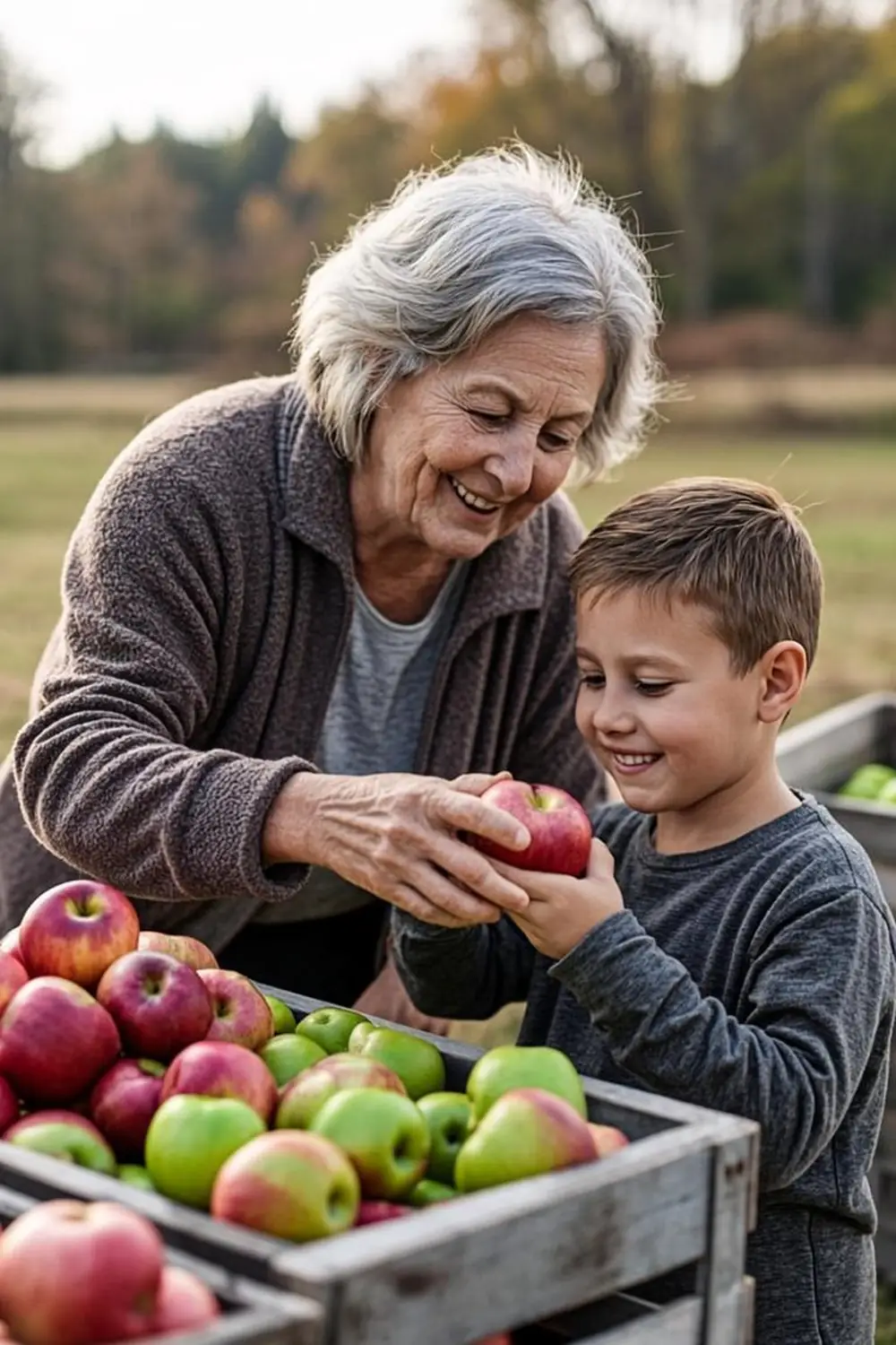 Kentucky grandmother and grandson choosing apples together at a Lexington farmers market