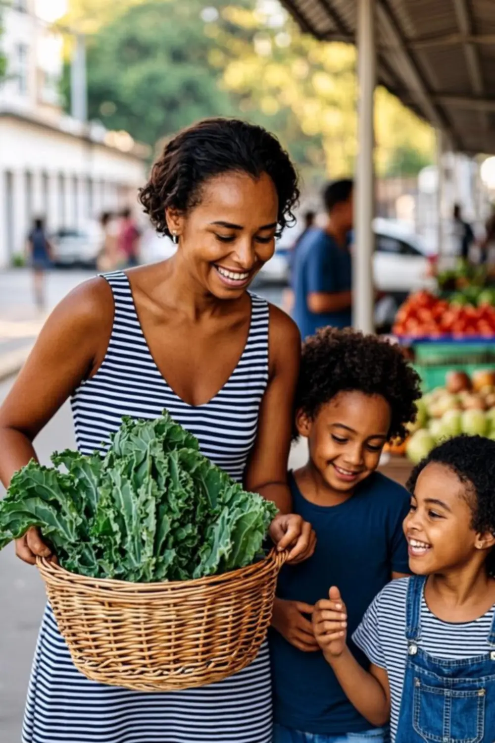 Louisiana mother shopping for fresh produce with her two children at a New Orleans neighborhood grocery stand