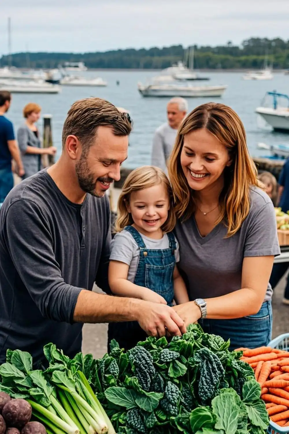 Maine parents shopping for fresh vegetables with their daughter at a coastal farmers market