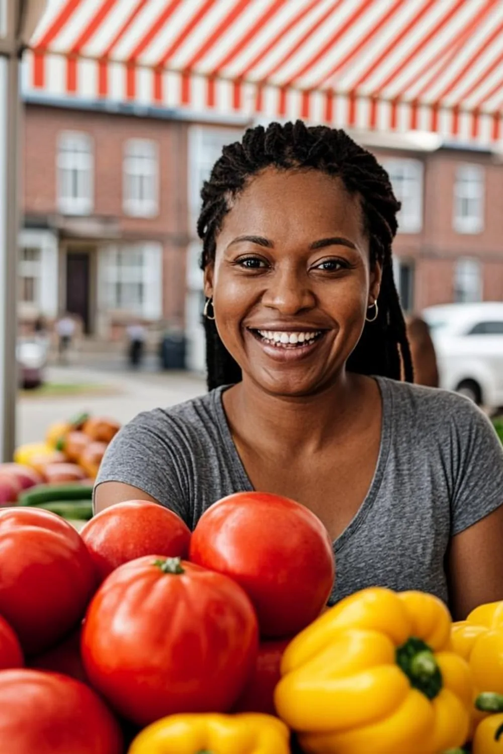 Baltimore mother selecting fresh produce at a Maryland neighborhood market stall