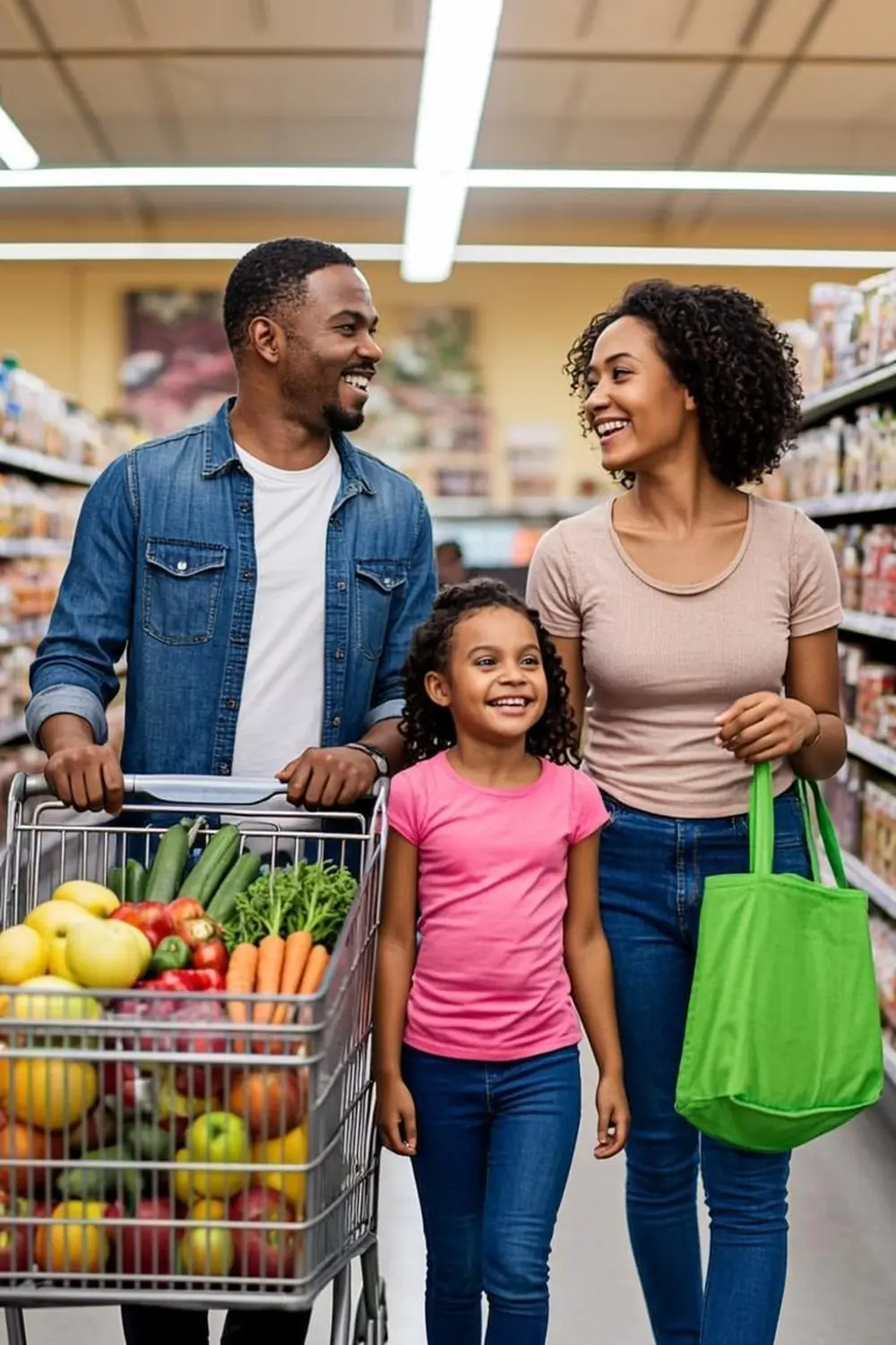 Michigan family shopping for groceries together with a cart full of fresh produce using their SNAP budget