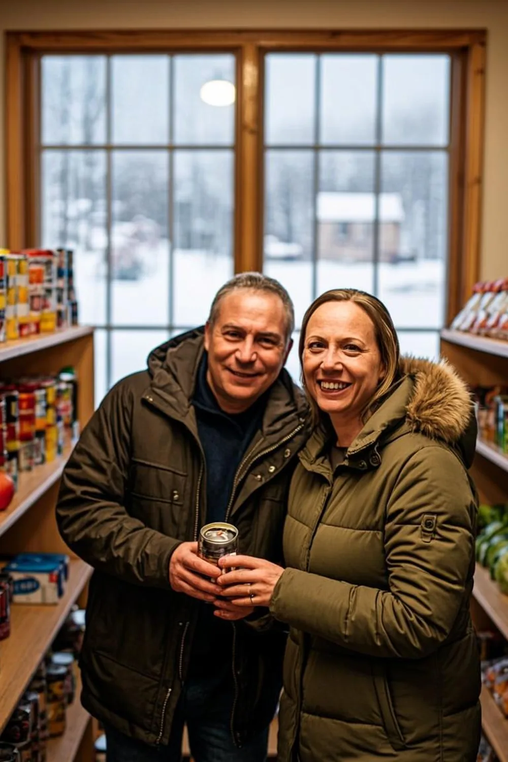 Duluth couple in winter coats picking groceries from Minnesota food shelf shelves