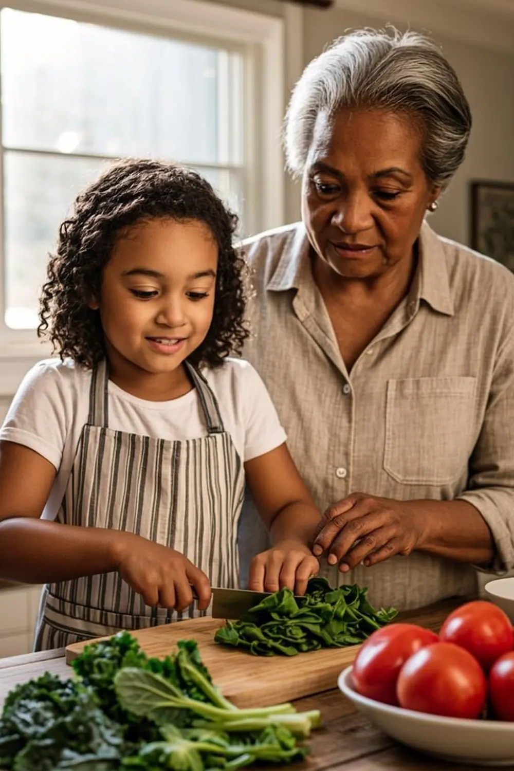 Mississippi grandmother and her granddaughter preparing fresh produce together in a Jackson home kitchen