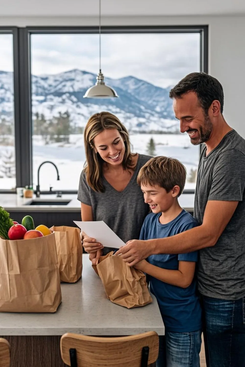 Billings parents reviewing a grocery list with their son in their Montana kitchen