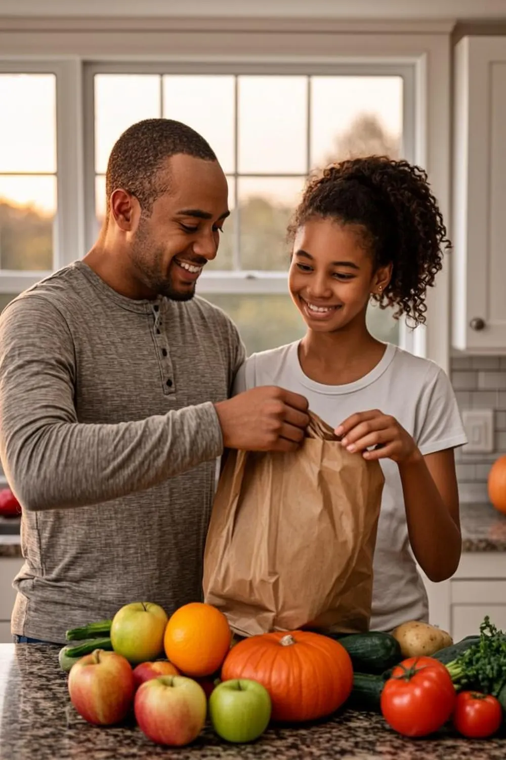 Omaha father and teenage daughter unpacking fresh groceries together in their Nebraska kitchen