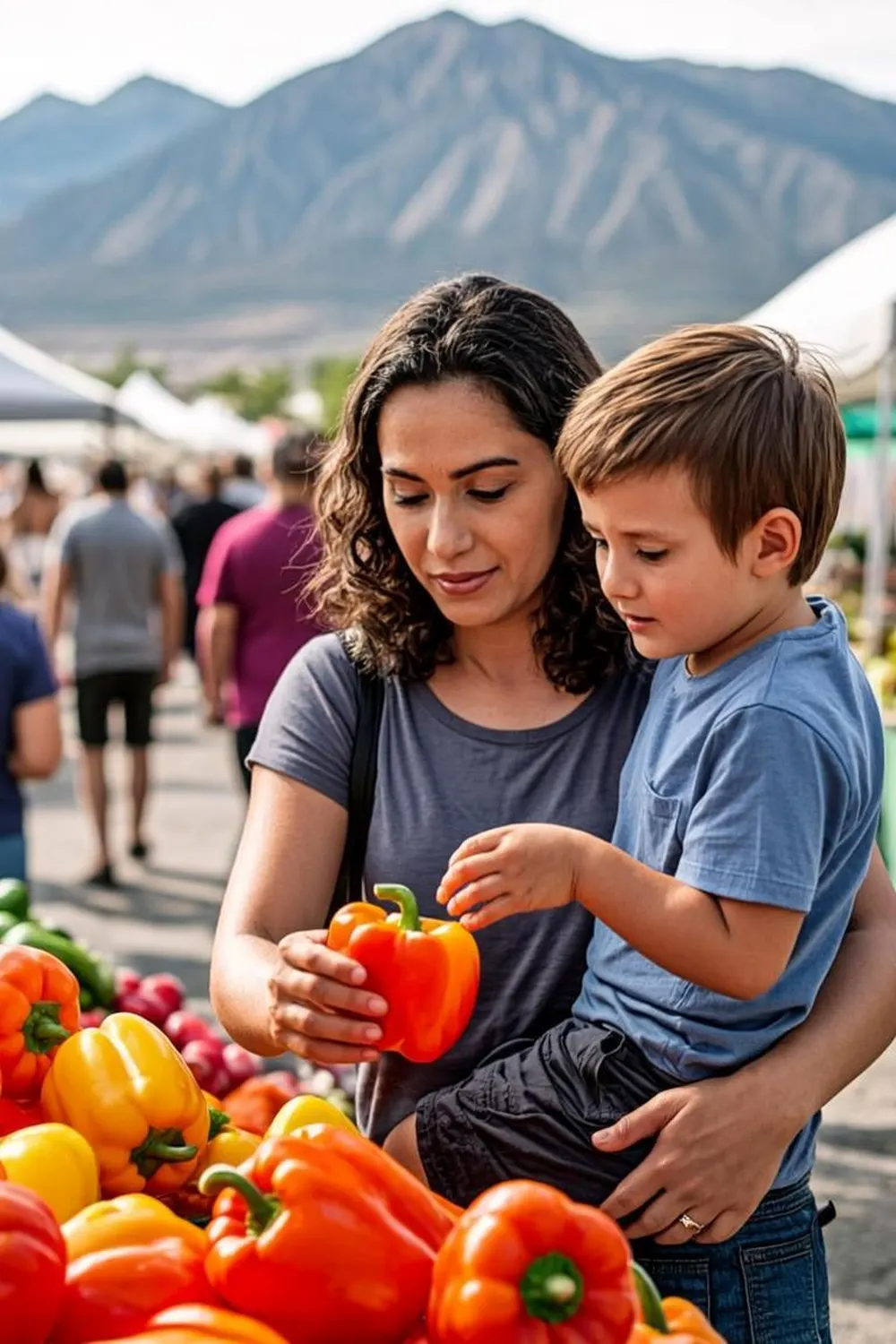 Reno mother with her son selecting fresh produce at a Nevada grocery market