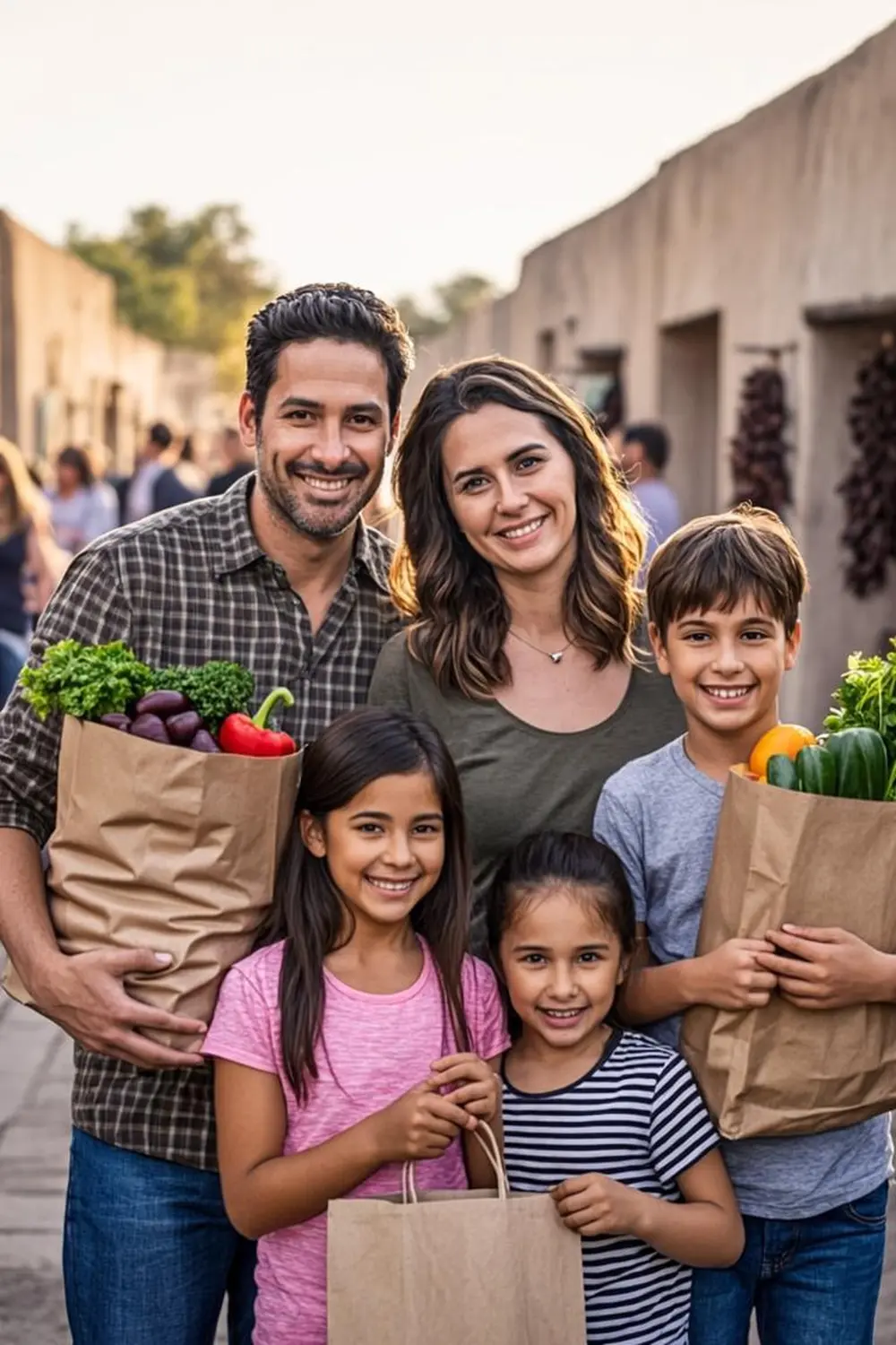Albuquerque parents and their three kids carrying fresh produce bags at an outdoor New Mexico market