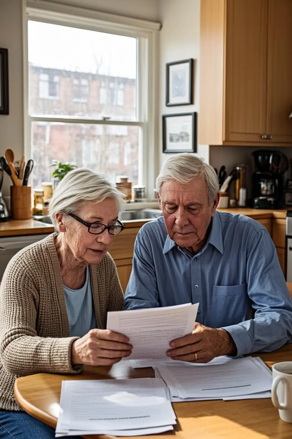 New York senior couple reading a SNAP benefits notice letter together at their kitchen table