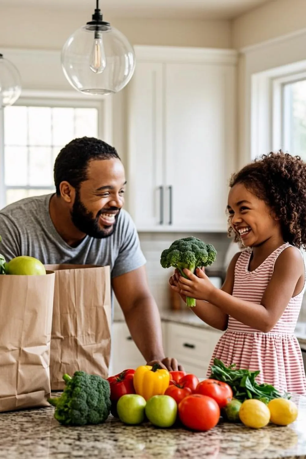 American parents and child unpacking fresh groceries in a North Carolina kitchen