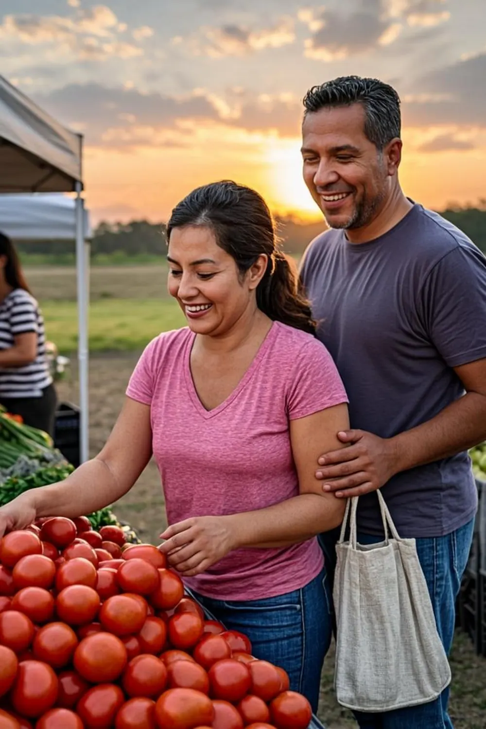 American mother and son choosing vegetables at an Oklahoma farmers market