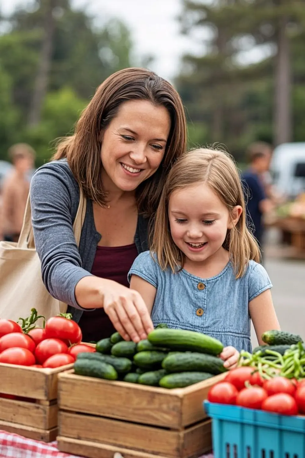 Oregon mother with her daughter choosing fresh vegetables at a Portland area farmers market stand