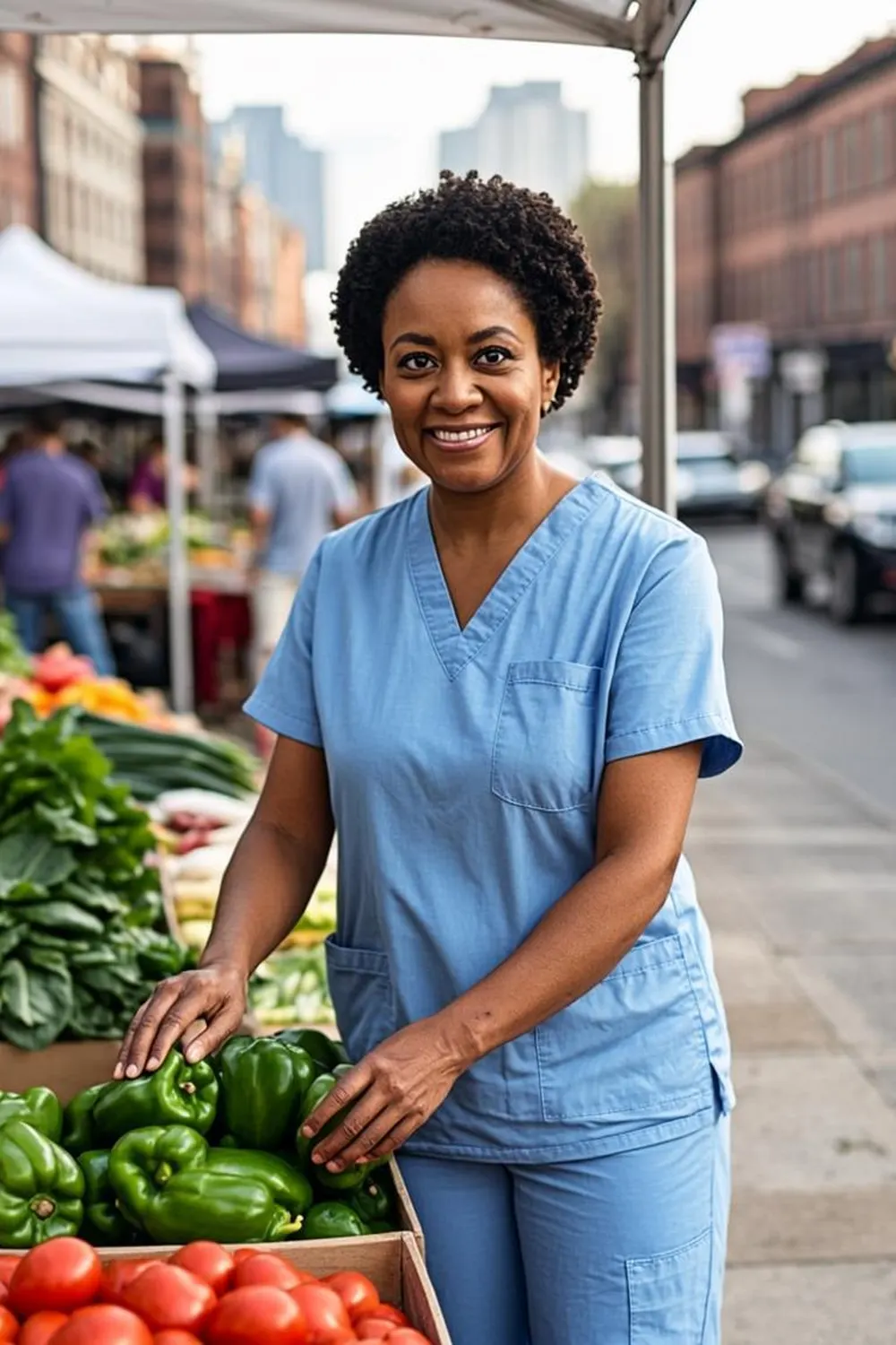 Philadelphia market shopper in blue scrubs selecting fresh vegetables at an open-air produce stand