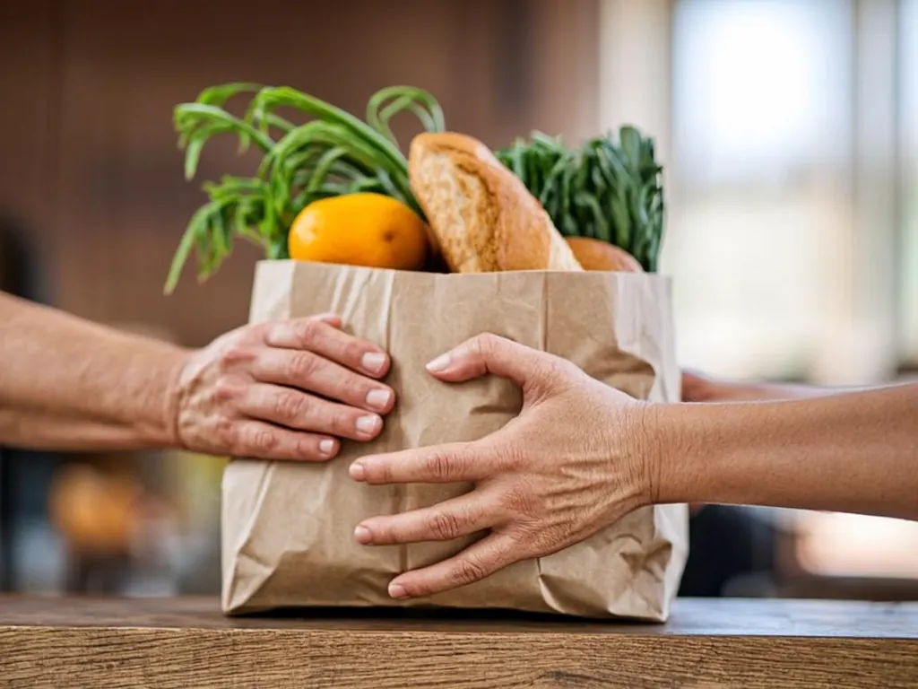 Two hands passing a paper bag of fresh produce over a community center counter