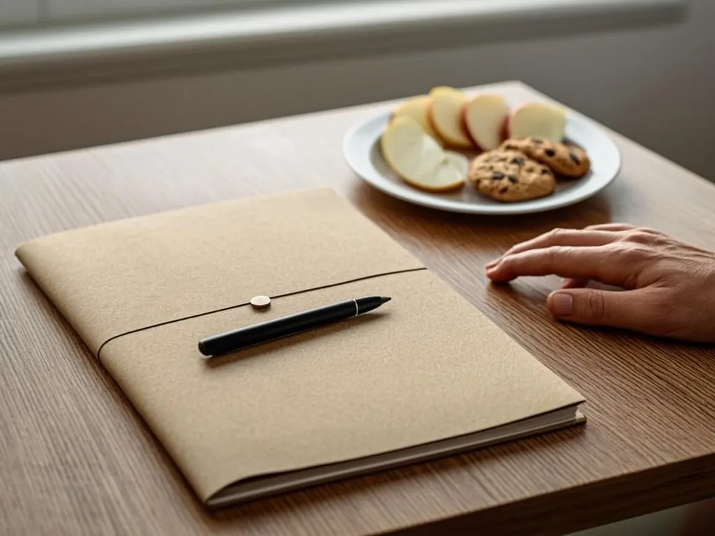 Parent filling out a single blank form at a kitchen table with a child's snack plate nearby