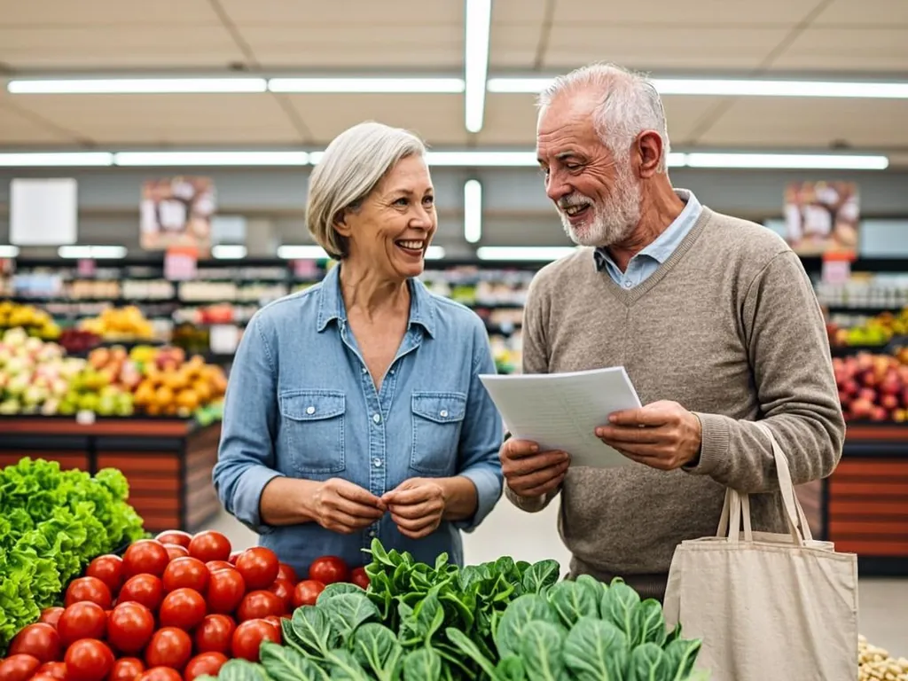 Senior couple comparing fresh produce prices while grocery shopping together