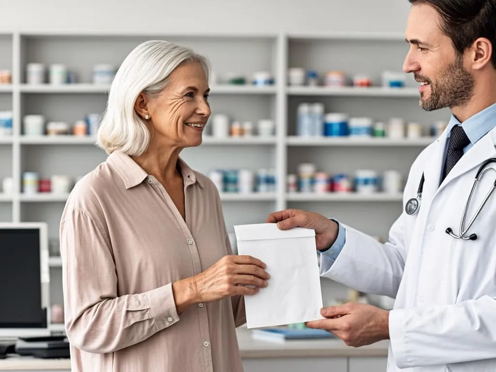 Senior paying for a prescription at a pharmacy counter with a wallet