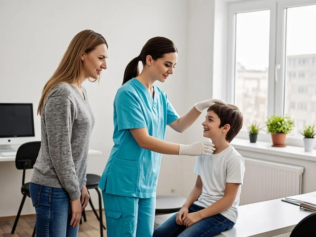 Pediatric nurse measuring a smiling toddler while the mother watches in a bright clinic room