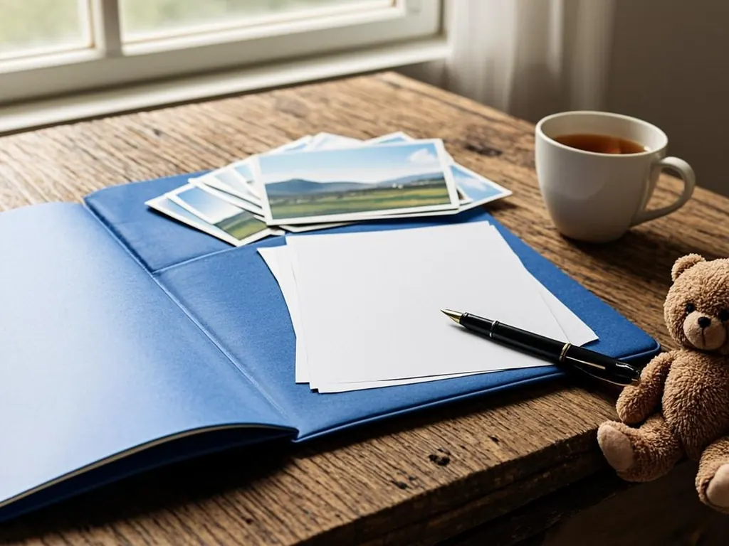 Blue document folder open on a kitchen table with blank papers, pen and a cup of tea beside it