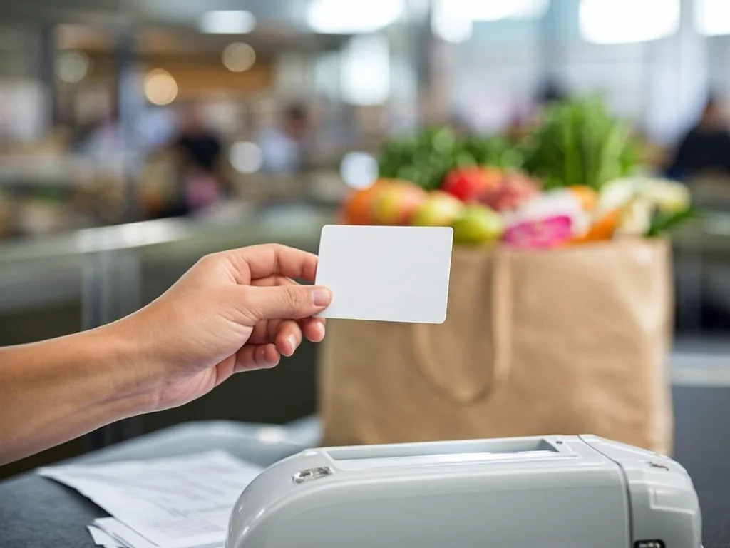 Shopper holding a benefits card at a grocery store checkout with a bag of fresh produce