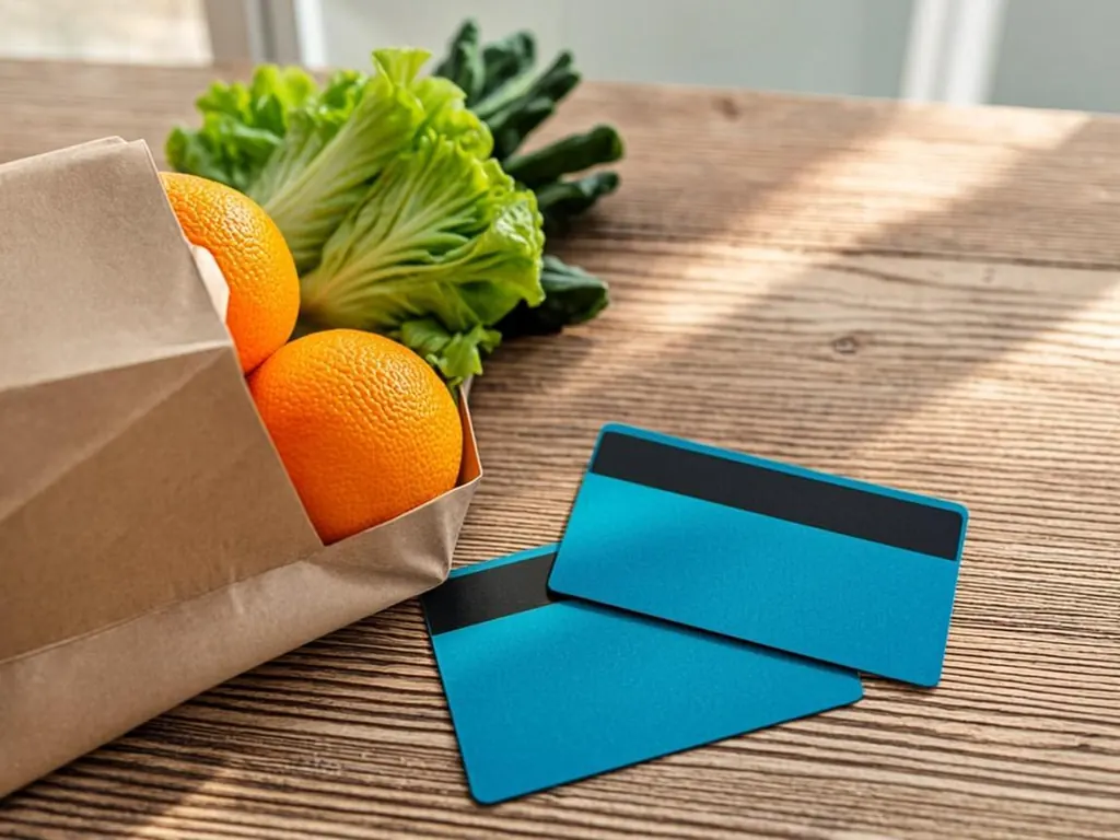 Two benefit cards resting on a wooden kitchen table beside a grocery bag of fresh vegetables